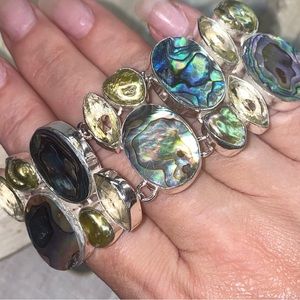 Abalone + Citrine + Peridot gem cluster statement cuff bracelet